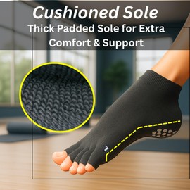 Soxsense Toeless Grip Socks for Pilates & Yoga, Open Toe Non Slip Socks for Barre, Dance, Workout 2Pairs (US, Alpha, Large, Regular, Regular, Black/Grey)