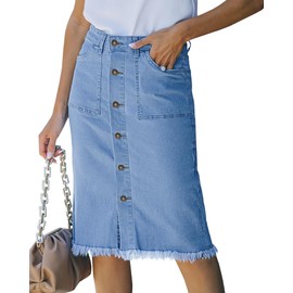 luvamia Women's Casual Mid Rise Button Down Frayed Raw Hem Stretchy Denim Midi Skirt Jean Skirt Light Blue Size X-Large