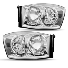 JSBOYAT Headlight Assembly Fits for 2006-2008 Dodge Ram 1500/2006-2009 Dodge Ram 2500 3500 Pickup Chrome Housing & Clear Reflector