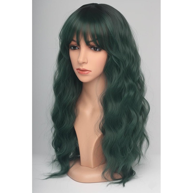 24 Inch Forest Green Wavy Wig with Bangs, Heat Resistant