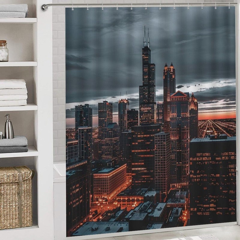HDESDIS 4Pcs Modern Skyscraper Night Shower Curtain Sets, 4pcs Chicago
