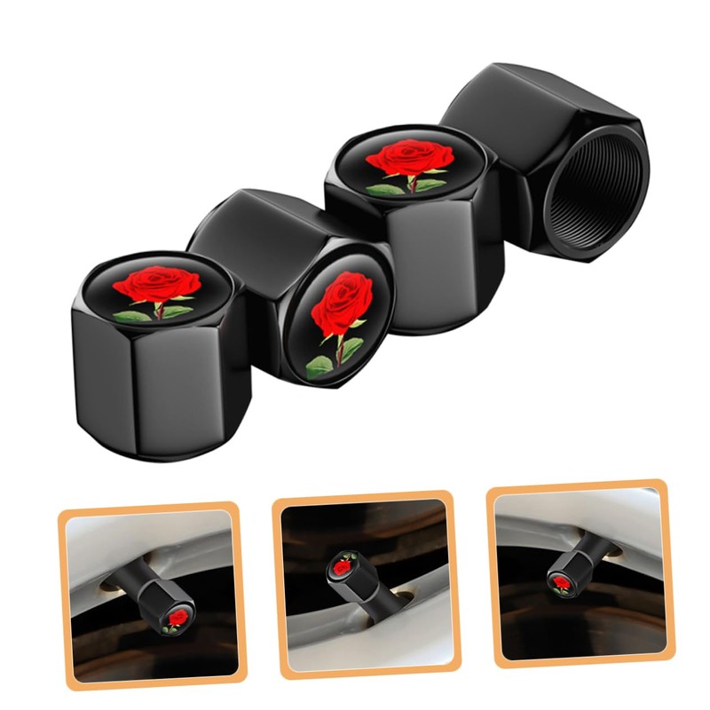 Zerodeko 4pcs Cute Red Rose Tire Valve Stem Caps Dustproof