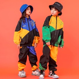 LOLANTA Unisex Kids Color Block Clothing Set,Stylish Street Hip Hop Dance Costume,8-9 Years,Green,140