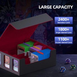 TopMade Card Deck Box for Trading Cards 2400+ with 18 Colorful Divider, Leather Magnetic Commander Trading Card Storage with Viewing Windows, Storage Box for YuGiOh, MTG and Sport Cards - Black & Red