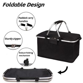 Large Foldable Picnic Basket 26L, 3 Layers of Reusable Thermal Cooler Bag with Oxford Cloth Exterior & Aluminum Foil Liner, Waterproof Durable Handheld Bag for Lunch, Picnic, Travel, Shopping