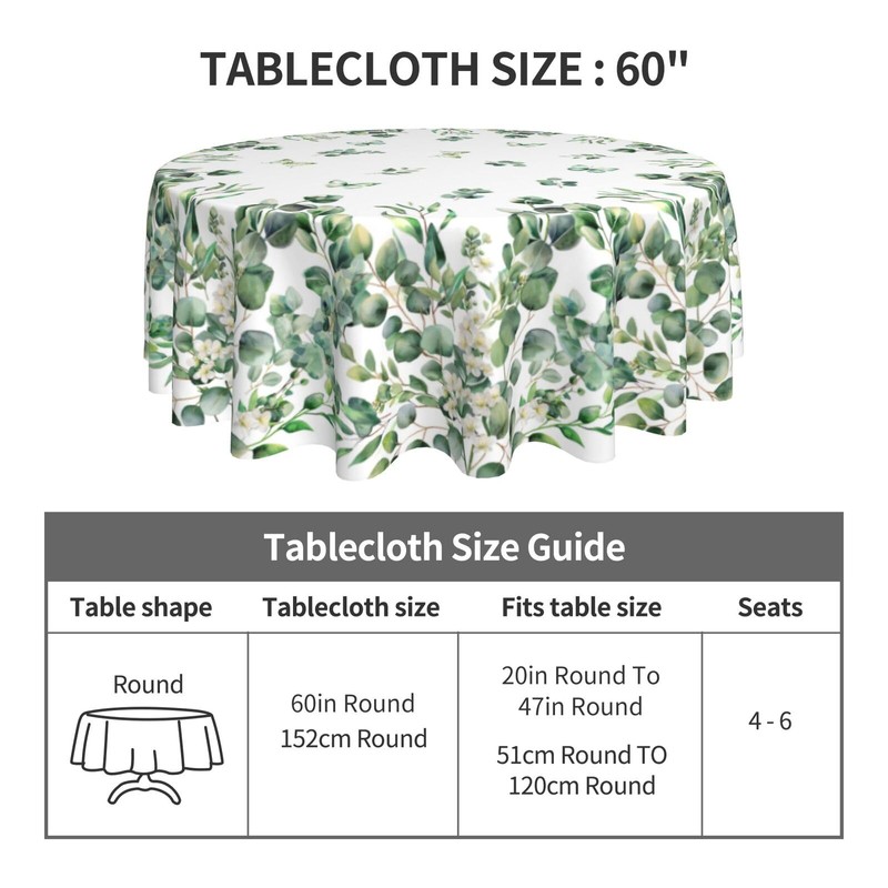 KiuLoam Spring Tablecloth Round 60 Inch Sage Green Eucalyptus Leaf