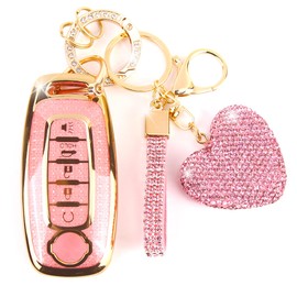 Simocky Compatible with Nissan Key Fob Cover with Heart Keychain, Car Key Shell for Women, Compatible with Nissan Rogue Pathfinder (2023 2024 2025) Sentra (2024 2025) Key Protector (5 Buttons-Pink)