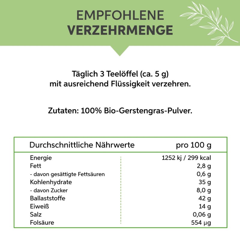 Bio Gerstengras Pulver gemahlen 1kg | Gerstengraspulver aus deutschem Anbau