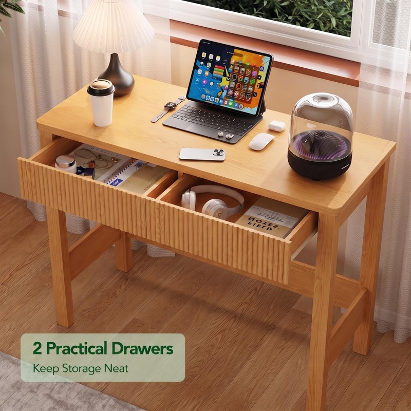 Fluted Light Oak Desk with 2 Drawers - 39 Inch