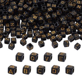 Craftdady 1000 Pieces Acrylic Cube Beads Letter Beads Gold Black Initial Alphabet Large Hole European Beads for DIY Friendship Bracelet Jewelry Making, Hole:3.8