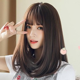 Generic Brown Wigs for Women Natural Straight Half Length Synthetic Hair Wig with Fringe (Dark brown, 16 inch)