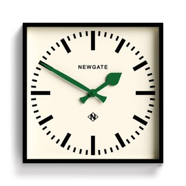 NEWGATE® Number Five Wall Clock | Square Retro Inspired Modern Station Clock | 40cm | Black with Green Hands | Mid Century Style for Kitchen, Living Room or Office
