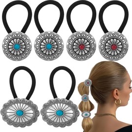 Paotxpum 6 PCS Metal Western Style Ponytail Holders Boho Hair Ties Flower Circular Hair Ropes Vintage Squash Blossom Hair Ropes Vintage Turquoise Concho Squash Blossom Hair Bands for Women Girls