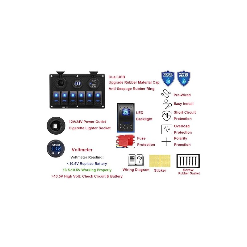 6 Gang Switch Panel Circuit Breaker Toggle Rocker Switch Boat