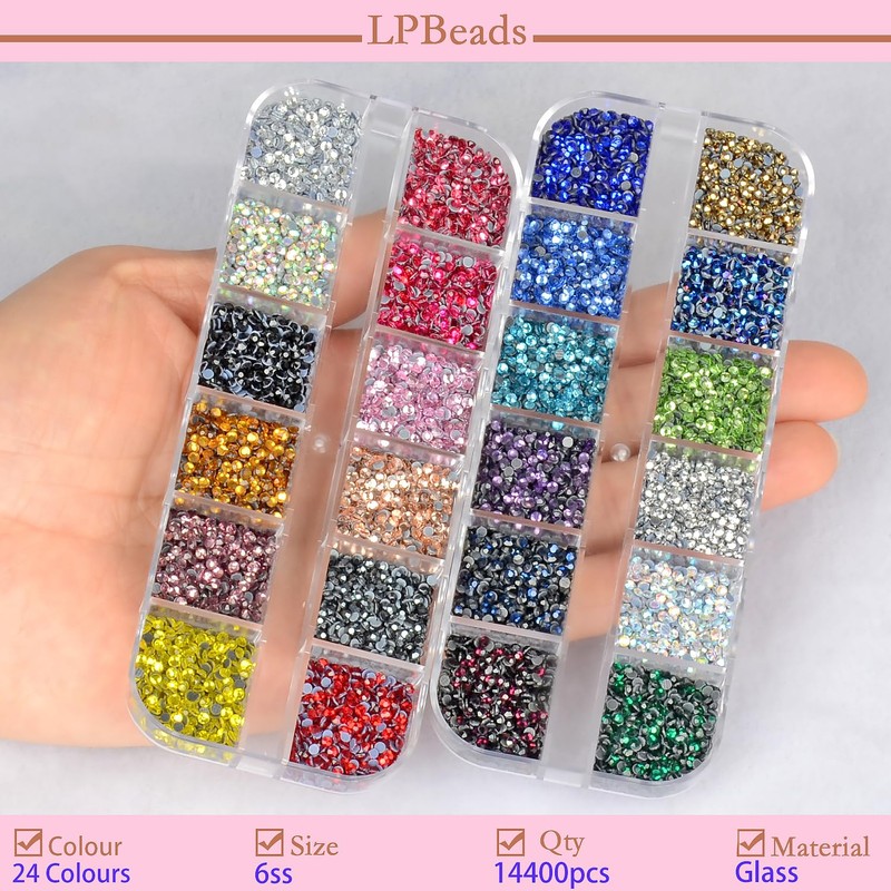 LPBeads Glass Hotfix Rhinestones Bulk SS6 14400pcs 24 Colors Hotfix