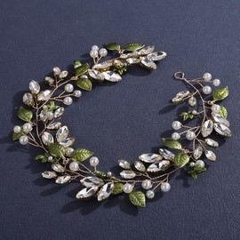 Lenjicons Green Leaf Rhinestone Headband Rhinestone Faux Pearls Headpiece Golden Crystal Beads Hair Vine Vintage Leaf Hair Vine for Wedding Women (gold, free size)