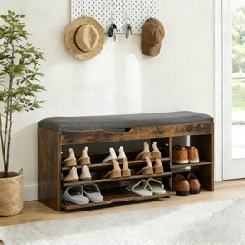 Stabrech Shoe Storage Bench with Flip Drawer, Shoe Rack with Lift Top Storages Box, 2-Tier Bench Cabinet with Adjustable Shelves for Entryway, Hallway, Living Room, Mudroom, Brown