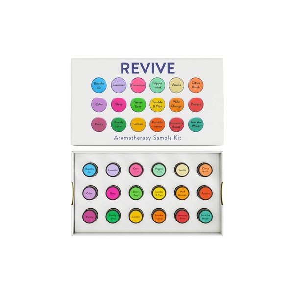 Aromatherapy Sample Kit by Revive Essential Oils - Dram Bottle Samples of 18 Top Oils and Blends - 100% Pure Therapeutic Grade, Diffuser, Massage, Aromatherapy