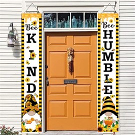 KYMY Welcome Bee Happy Banner 11.8 X 70.9 inch,Summer Bee Front Door Porch Banner,Gnome Hanging Porch Sign,Hanging Bee Banner Flag,Seasonal Bee Party Supplies for Front Door Sign (White)
