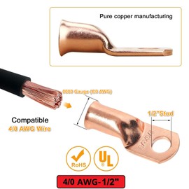 0000 Gauge Pure Copper Lugs 4/0 AWG-1/2" Ring Terminal Cable Battery Lug, Heavy Duty, 8PCS Terminals, Cable Ends Connectors + 8PCS 3:1 Heat Shrinks