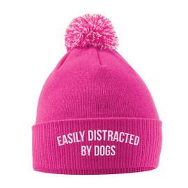 Easily Distracted By Dogs Bobble Hat, Birthday Dog Walking Accessories Gifts Warm Winter Knitted Beanie Hat with Faux Fur Pom Pom for Womens Kids Girls Boys and Men, One Size, Bright Pink