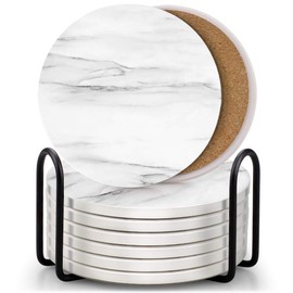 EAGMAK Set of 8 Coasters for Drinks, Absorbent Marble Style Ceramic Drink Coaster with Holder for Coffee Wooden Table Home Decor (White)