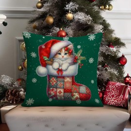 RLCMO Christmas Boots Cat Hat Throw Pillow Cover Merry Christmas Snowflake 18 x 18 Inch Linen for Sofa Couch Decor Room Home Decor Car Cushion Cover (Multicolour)