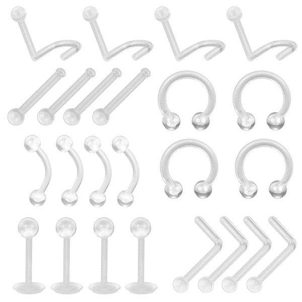 Fozuanei 24 Pcs Clear Piercing Retainer, Plastic Nose Studs Hide