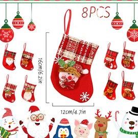 Hillylolly Christmas Stocking Set, 8 Pieces Christmas Stockings, Mini, 16 cm Santa Stocking Decoration, Santa Stocking Fabric, Small Christmas Socks for Christmas Tree Decoration (Random Style)