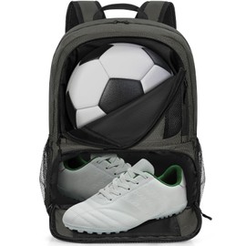 Soccer Backpack, Soccer Bag with Ball Compartment & Shoe Compartment for Football, Basketball, Volleyball, Water Resistant Sport Equipment Bags, Lightweight Training Package for Youth, Grey