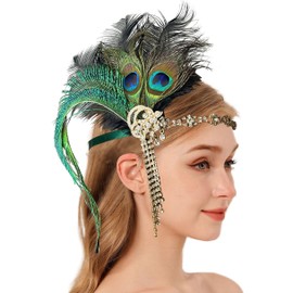 changyexi 1920s Peacock Feather Headband Roaring 20s Flapper Great Gatsby Headpiece Rhinestone Tassel Hair Accessories