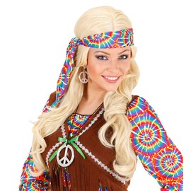 NET TOYS Peace Jewellery Set Hippie Necklace and Earrings Silver 60s 70s Necklace and Hoop Earrings, Peace Symbol Woodstock Pendant Chain Flower Power Costume Accessories, Plastic