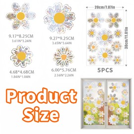 Obluchye 5 Sheets Daisy Window Stickers, Spring Flowers Reflective Window Clings, Daisy Suncatchers Anti Collision Static Window Decals for Prevent Bird Strikes Display Shop Office Supplies