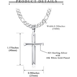 KRFY 925 Sterling Silver Cross Necklace for Men Women with Stainless Steel Diamond-Cut Figaro Chain Necklace Highly Polished Beveled Edge Cross Pendant Necklace 46/51/56/61/66/76CM