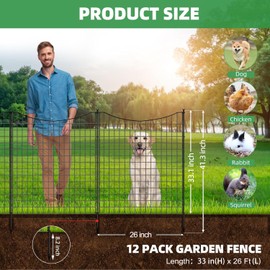 12 Panels Garden Fence Animal Barrier, 33 in(H) X 26 ft(L) Dog Fence Outdoor for Yard, Tall Metal Fencing with Ground Stakes, Temporary Fencing for Dog, Rabbits, and Patio Border