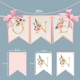 Bandera de acuarela con diseño de flores de una trona alta, color rosa y blanco, decoración de trona alta, lazo rosa, una bandera, suministros para fiesta de primer cumpleaños de niña, decoración de baby shower