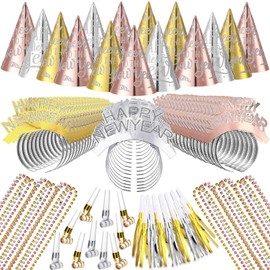 Foilswirl 240 Pcs New Year's Eve Party Supplies for 48 Guest Cone Hats Glitter Tiaras Beaded Necklace Tassel Squawker Curled Squawker(Stylish,Gold, Silver, Rose Gold)
