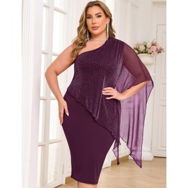 ZOMVA Plus Size One Shoulder Cape Dress Sparkly Overlay Bodycon Midi Wedding Guest Formal Cocktail Mother of Bride Outfit Asymmetric, Dark Plum, 5X