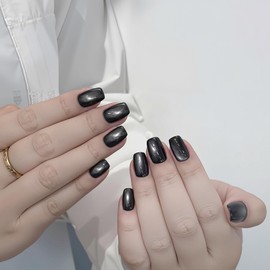 LEVGAL Nail Tips, Magnets, Black, 24 Pieces, Fake Nails, Short Magnetic Nails, Popular Nails, Japanese Style, Cute, Double-Sided Tape, Stylish, Simple, Coming-of-Age Ceremonies, Weddings, School Entrance Ceremonies, Graduation