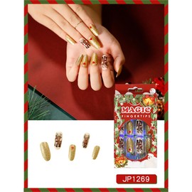 Merry Christmas Long Coffin Press On False Nails Medium Length Full Cover Acrylic Fake Nails for Women Lady Santa Claus Snowflakes Almond Shaped Reusable Nails for Home DIY Nail Art 24PCS (JP1269)