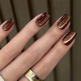 Uñas postizas cuadradas cortas con diseño de ojo de gato, color marrón, brillantes, acrílicas, brillantes y adhesivas, para decoración de uñas de muje