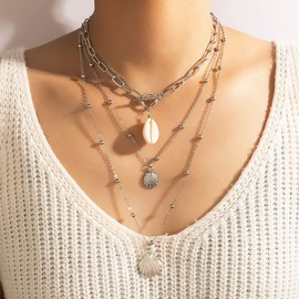 Layered Fashion Necklace Boho Multilayer Layered Pendant Necklaces Gold Necklaces Silver Necklace Pearl Layered Choker Necklace Bar Disc Necklace All Styles Women (B)
