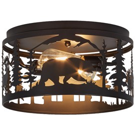 Monaxon Rustic Flush Mount Ceiling Light - 2-Light Metal Fixture with Deer & Bear Design, Farmhouse Ceiling Lamp for Kitchen, Bedroom, Foyer, and Entryway - Compatible with E26 Bulbs