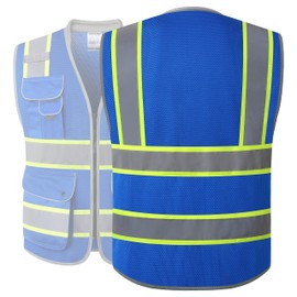 JKSafety 9 Pockets Hi-Vis Safety Vest Breathable Mesh Fabric Cushioned Collar Work Utility PPE Lightweight Industrial Work Gear ANSI/ISEA compliant (101-Blue L)