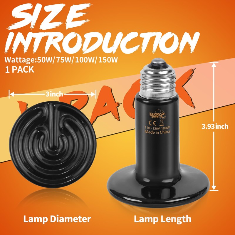 LUCKY HERP Reptile Heat Lamp - 100W Ceramic Heat Emitter