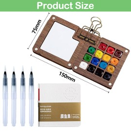 Wbgraceful Wooden Mini Paint Palette Set,15Grids Pocket Watercolor Palette Portable Sketchbook Palette Mini Travel Paint Palette with Watercolor Notebook Painting Pens Clip for Watercolor Painting