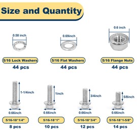 Vifmy 5/16-18 Bolt x (Length 5/8", 3/4", 1", 1-1/4") 304 Stainless Steel Flange Head Bolts Assortment Kit (176 Pack) with 5/16 18 Bolt, Serrated Flange Nuts, Washers, Full Thread