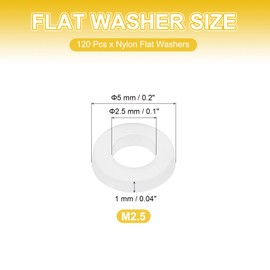 PATIKIL M2.5 Nylon Flat Washers, 120 Pcs 2.5mm ID 5mm OD 1mm Thick Plastic Sealing Flat Round Washer Spacer Gaskets Replacement for Plumbing Faucet Hose Fastener Bolt, White