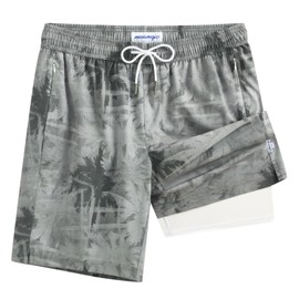 maamgic Mens Swim Trunks with Compression Liner 9 Inch Recycled Stretch Bathing Suit with Zipper Pockets Quick Dry Swim Short Grey-White Cocount Tree Large