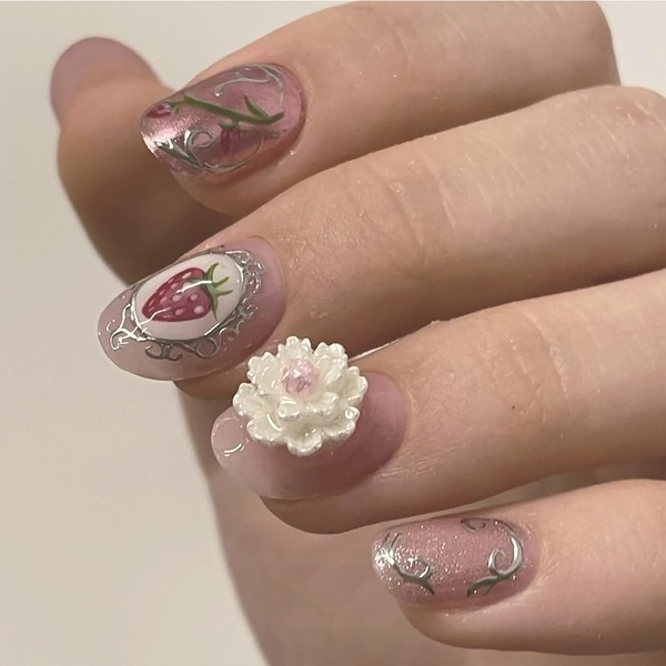 24Pcs Spring Summer Short Press on Nails Oval Flower Fake